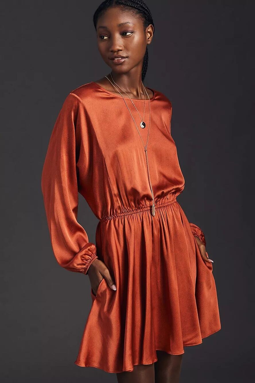 New Anthropologie Caballero Long-Sleeve Mini Dress $180 X-SMALL Red Motif